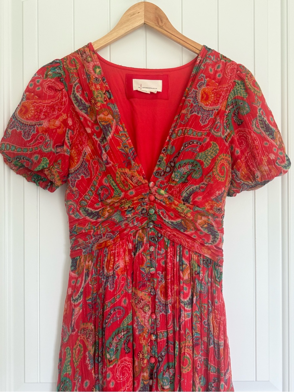 Anthropologie The Katerina Lurex Button Front Midi Dress Red Paisley Shimmer 4 - Picture 3 of 12